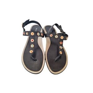 Vaneli Women's Thong Sandals Black Leather  Chain Detail size 11